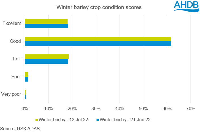 A graph showing the winter barley crop condition scores as at 12 July 2022